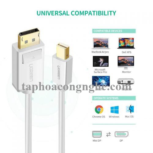 Ugreen 10423 3M Màu Trắng Cáp chuyển đổi Mini DP sang DisplayPort hỗ trợ phân giải 4K x 2K MD105 30010423